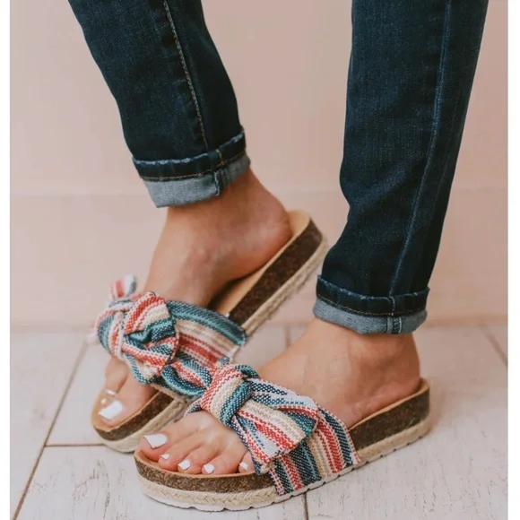 Multi Colored Slip On Linen Fabric Bow Sandals - Picture 3 of 11